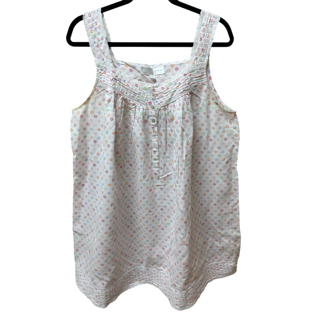 Eileen West Floral Cotton Nightgown Cottagecore Lace Trim Sleeveless White Sz L